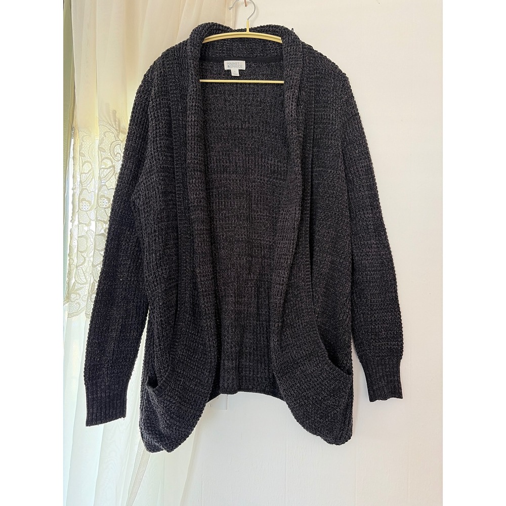 Market & Spruce Long Line Cardigan‎ Womens L Gray Open Front Waffle Knit Pockets